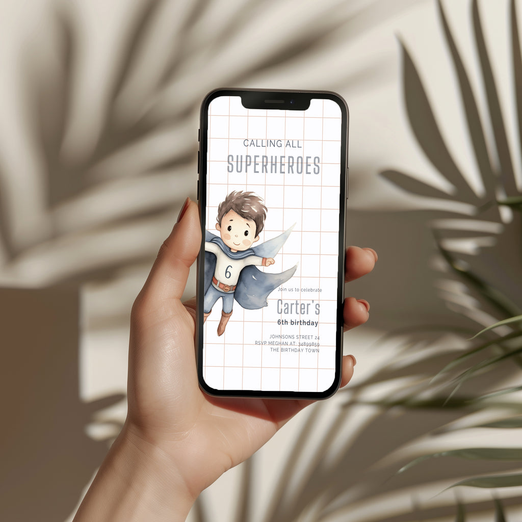 Superhero boy birthday invitation with watercolor illustration and minimalist grid background