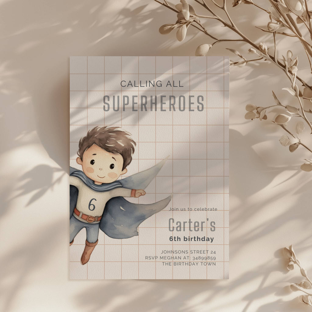 Superhero boy birthday invitation with watercolor illustration and minimalist grid background