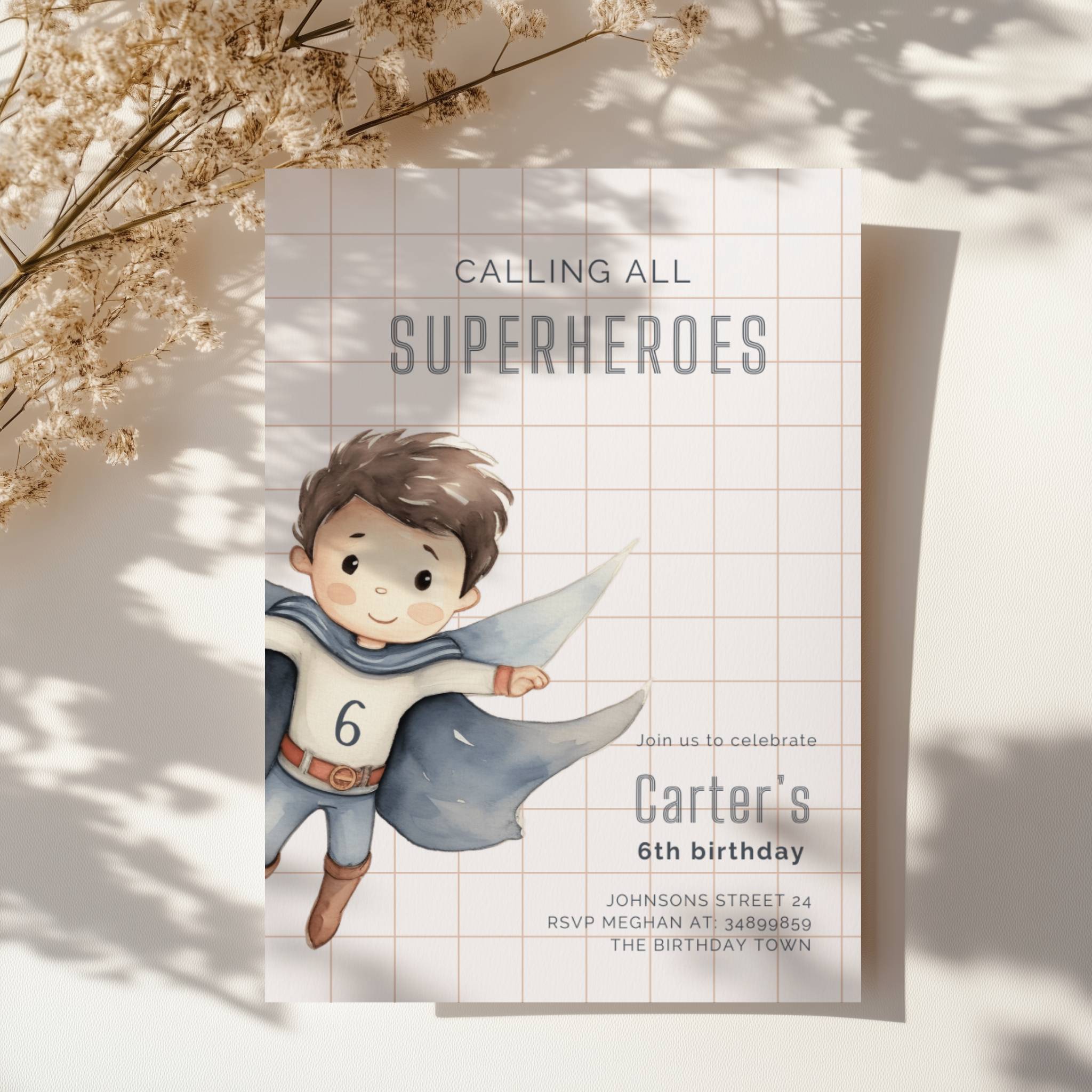 Superhero boy birthday invitation with watercolor illustration and minimalist grid background