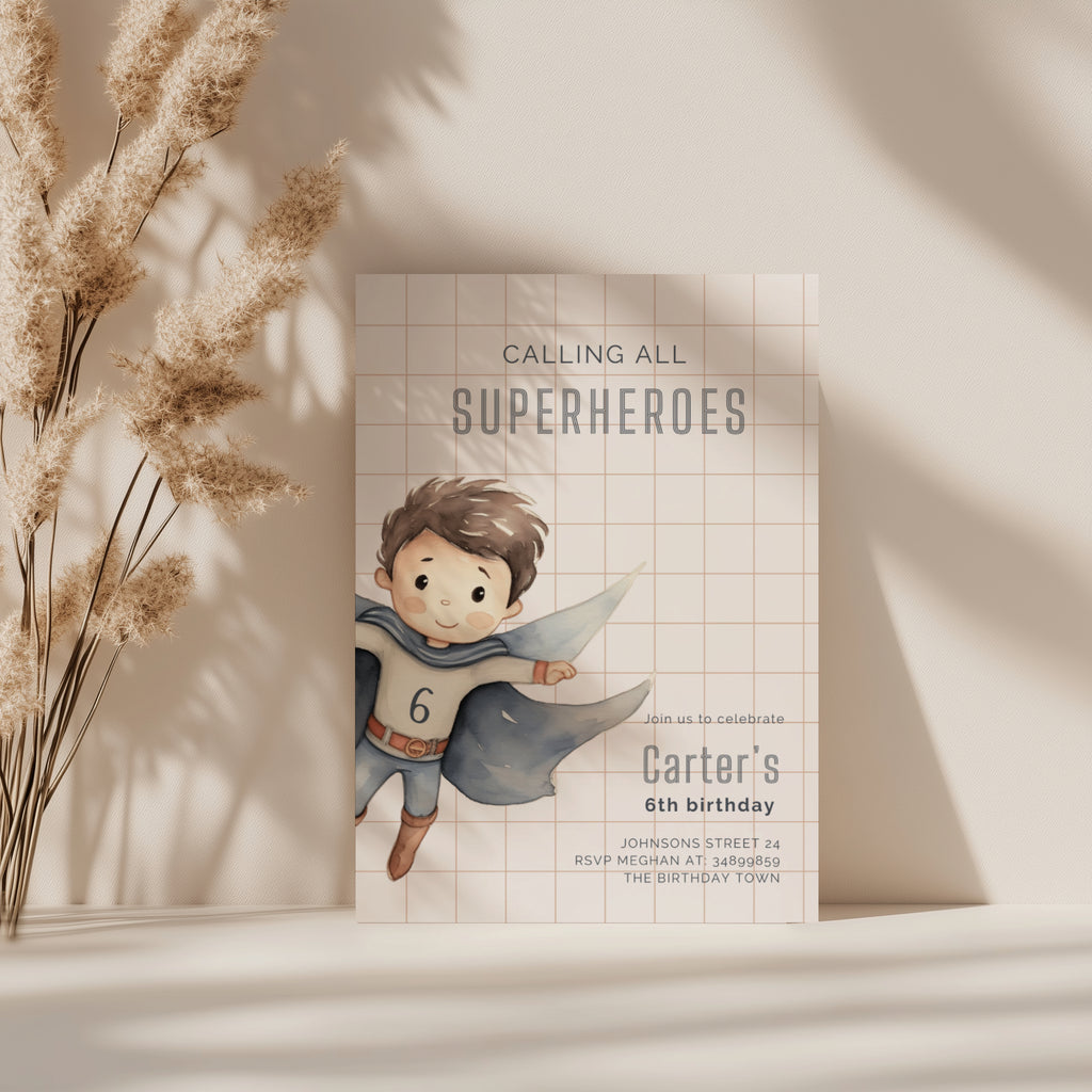 Superhero boy birthday invitation with watercolor illustration and minimalist grid background
