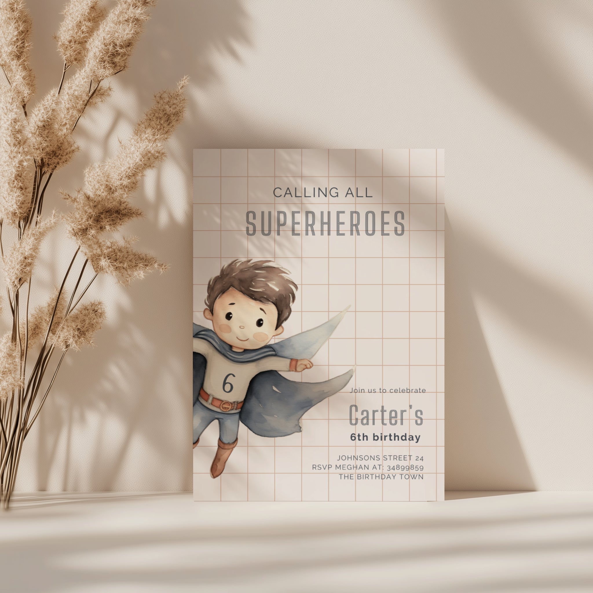 Superhero boy birthday invitation with watercolor illustration and minimalist grid background