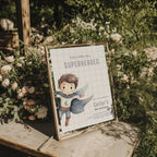 Superhero boy birthday invitation with watercolor illustration and minimalist grid background