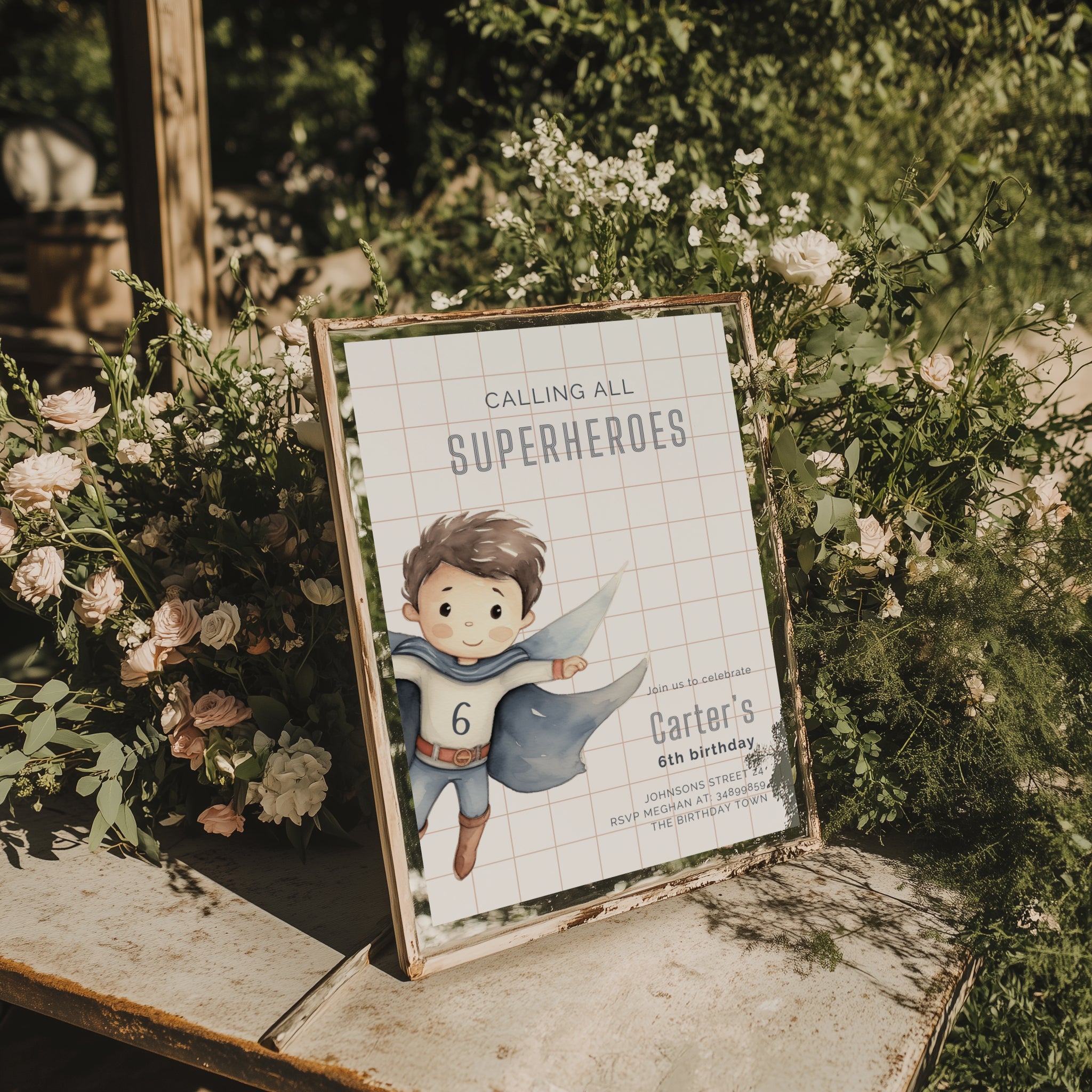 Superhero boy birthday invitation with watercolor illustration and minimalist grid background