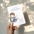 Superhero boy birthday invitation with watercolor illustration and minimalist grid background