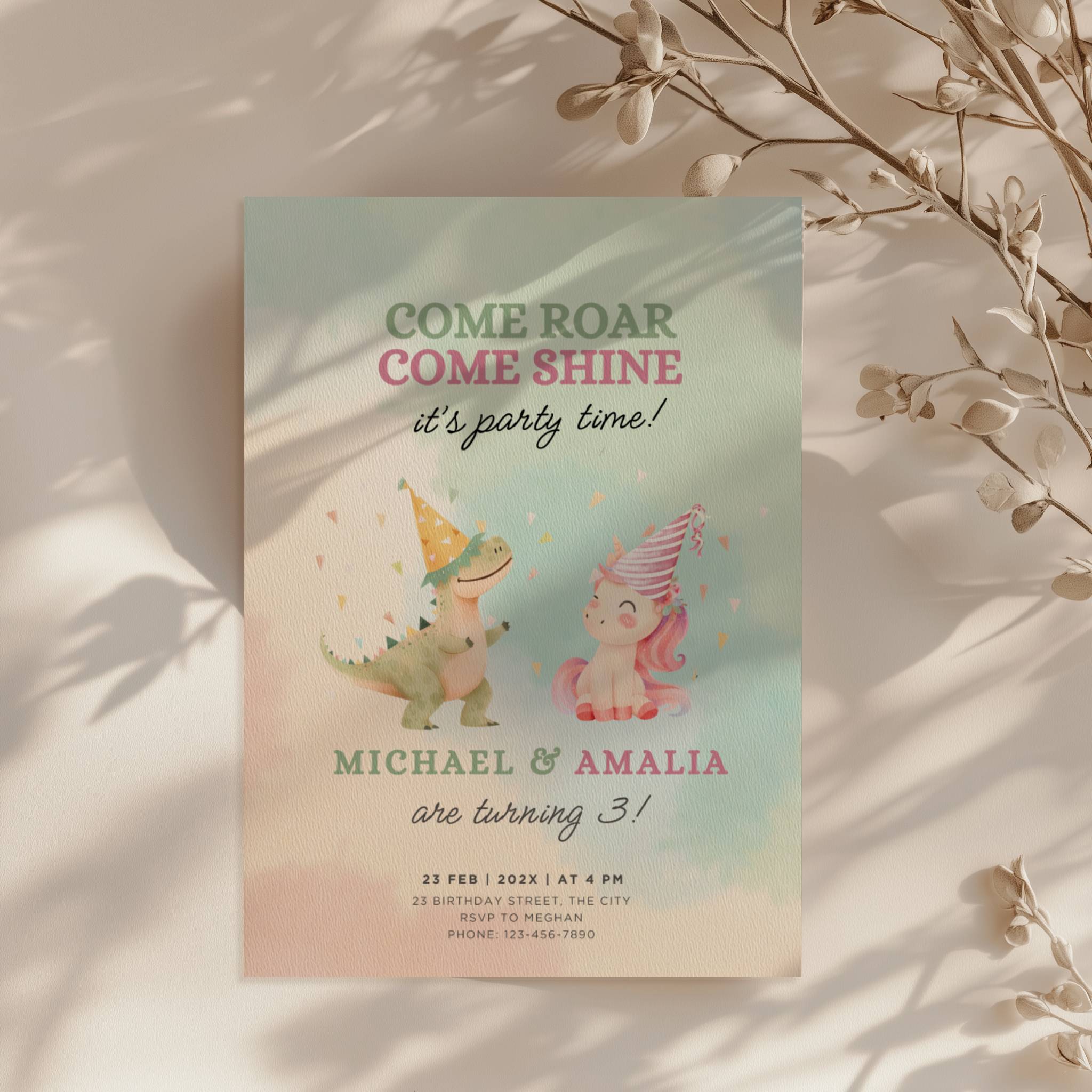 Boy girl twin birthday invitation with dinosaur and unicorn illustration and pastel watercolor background