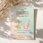 Boy girl twin birthday invitation with dinosaur and unicorn illustration and pastel watercolor background