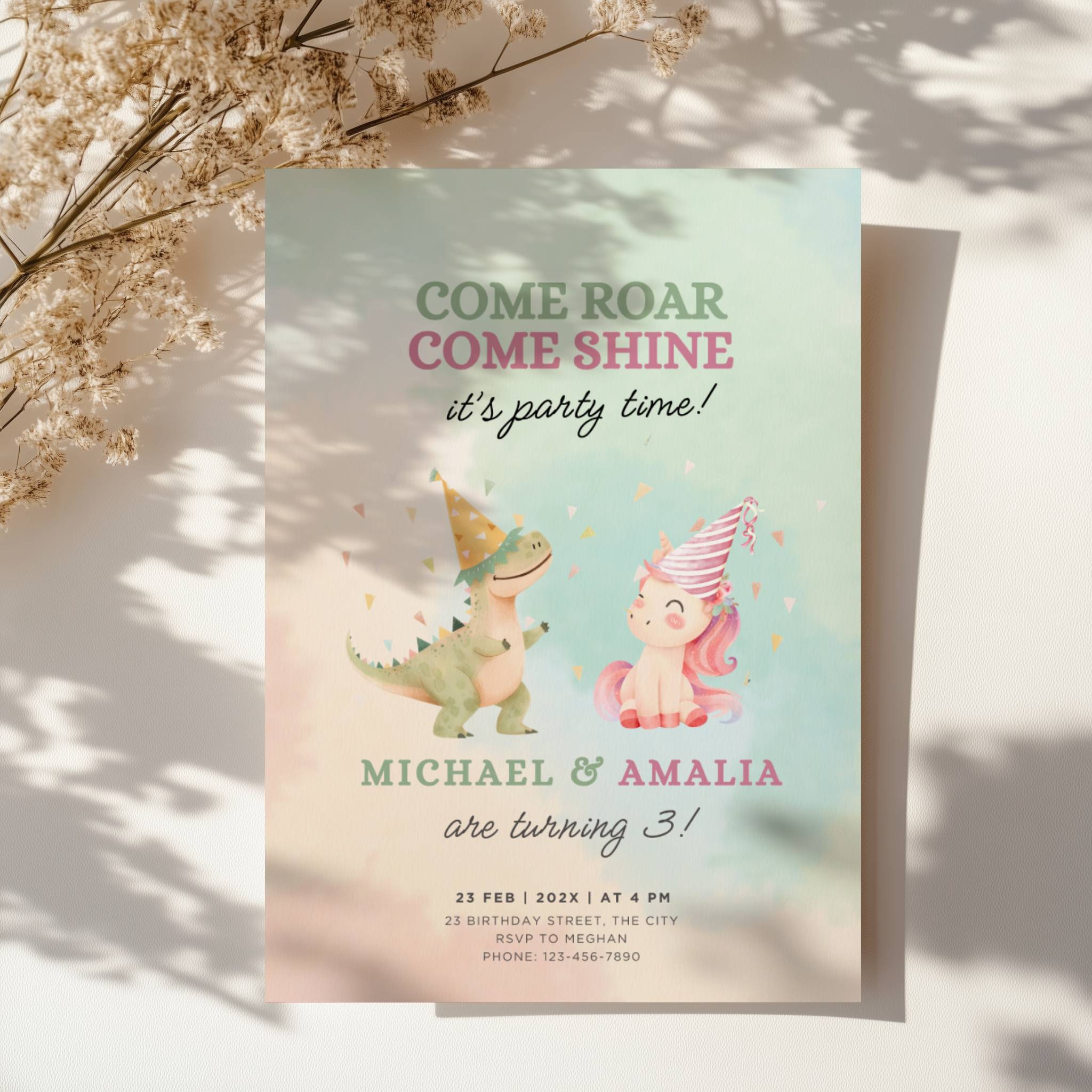 Boy girl twin birthday invitation with dinosaur and unicorn illustration and pastel watercolor background