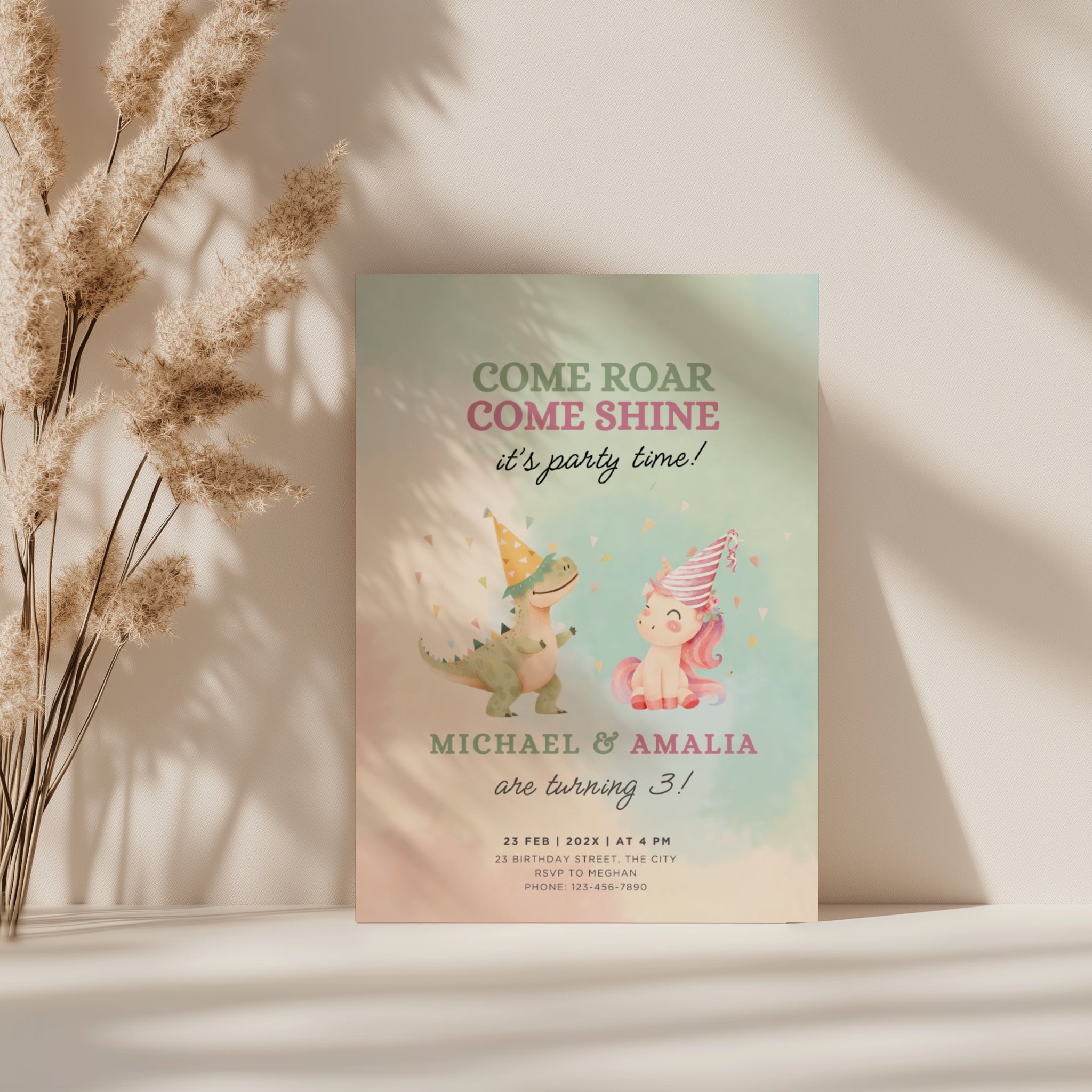 Boy girl twin birthday invitation with dinosaur and unicorn illustration and pastel watercolor background