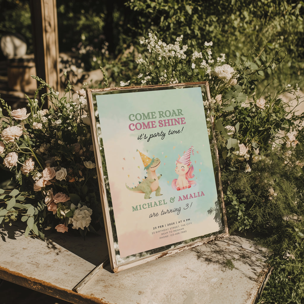 Boy girl twin birthday invitation with dinosaur and unicorn illustration and pastel watercolor background