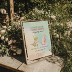 Boy girl twin birthday invitation with dinosaur and unicorn illustration and pastel watercolor background