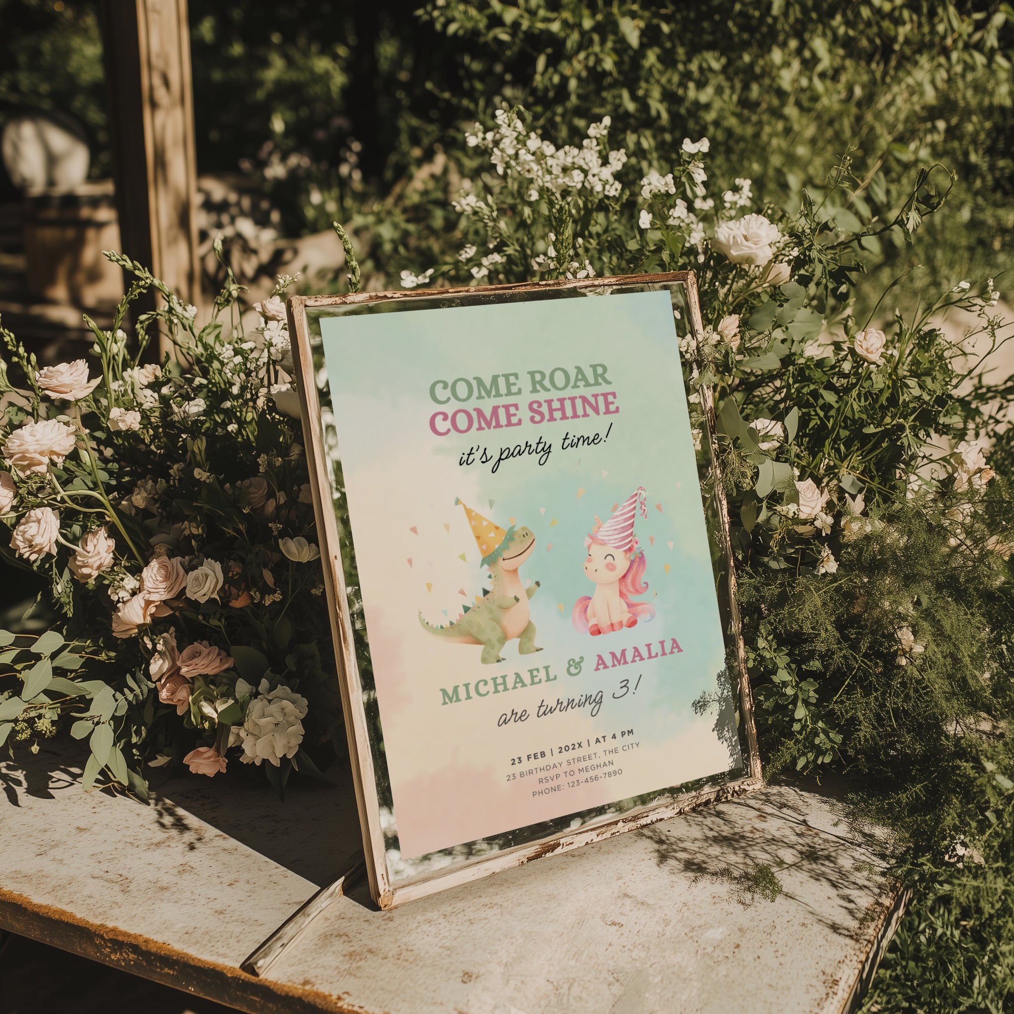 Boy girl twin birthday invitation with dinosaur and unicorn illustration and pastel watercolor background