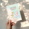 Boy girl twin birthday invitation with dinosaur and unicorn illustration and pastel watercolor background