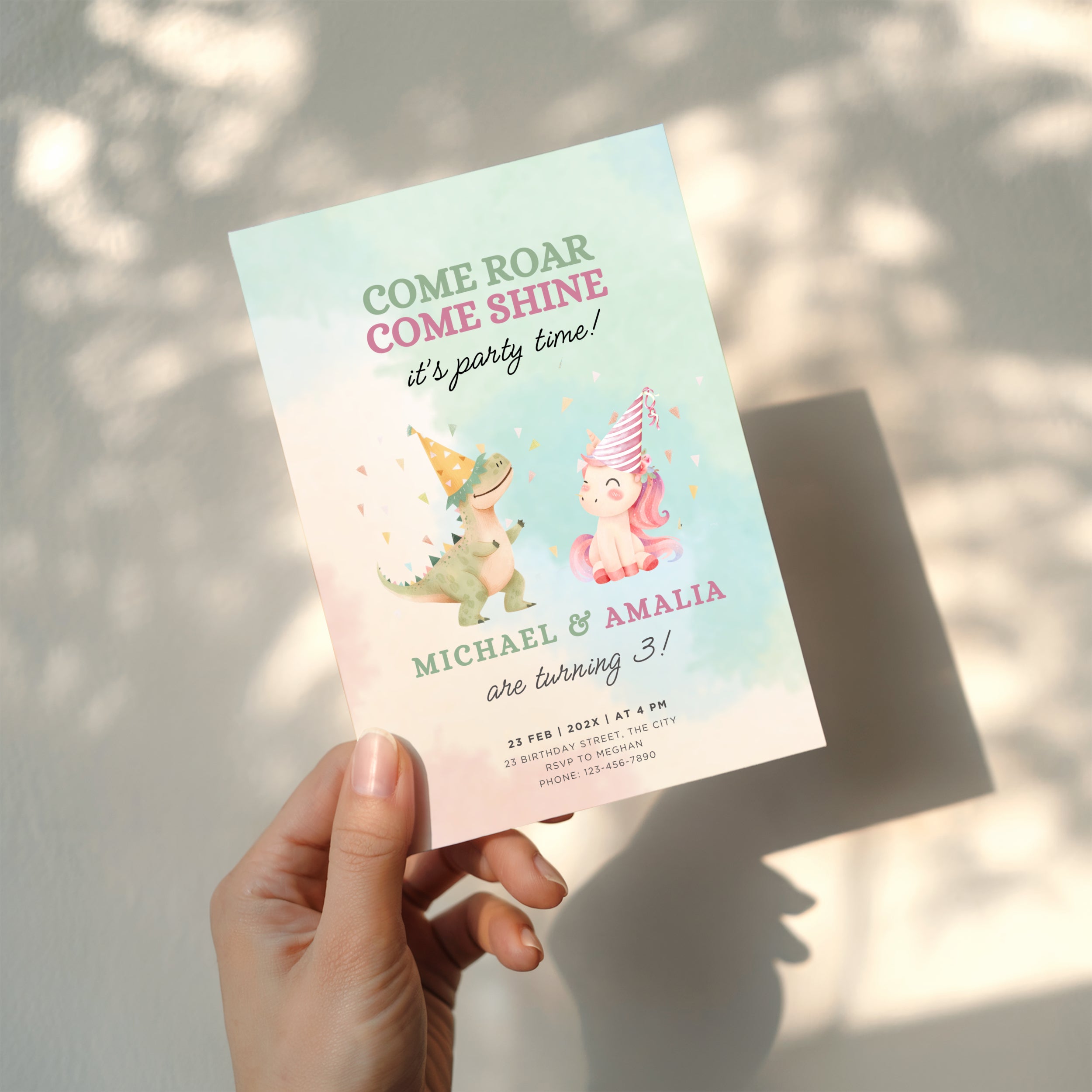 Boy girl twin birthday invitation with dinosaur and unicorn illustration and pastel watercolor background