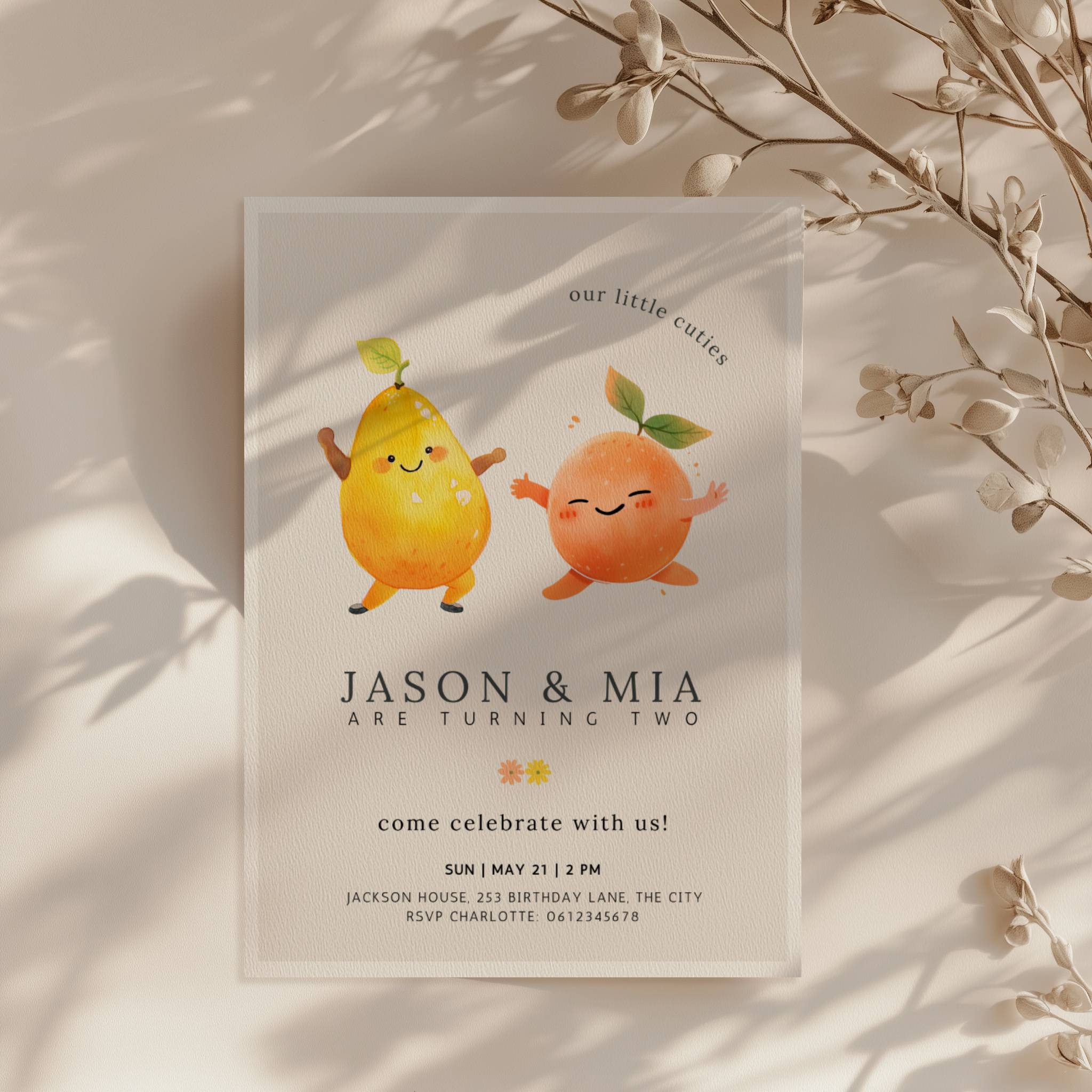 Our little cuties twin birthday invitation with cute pear and orange dancing fruit illustration