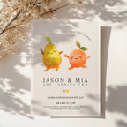 Our little cuties twin birthday invitation with cute pear and orange dancing fruit illustration