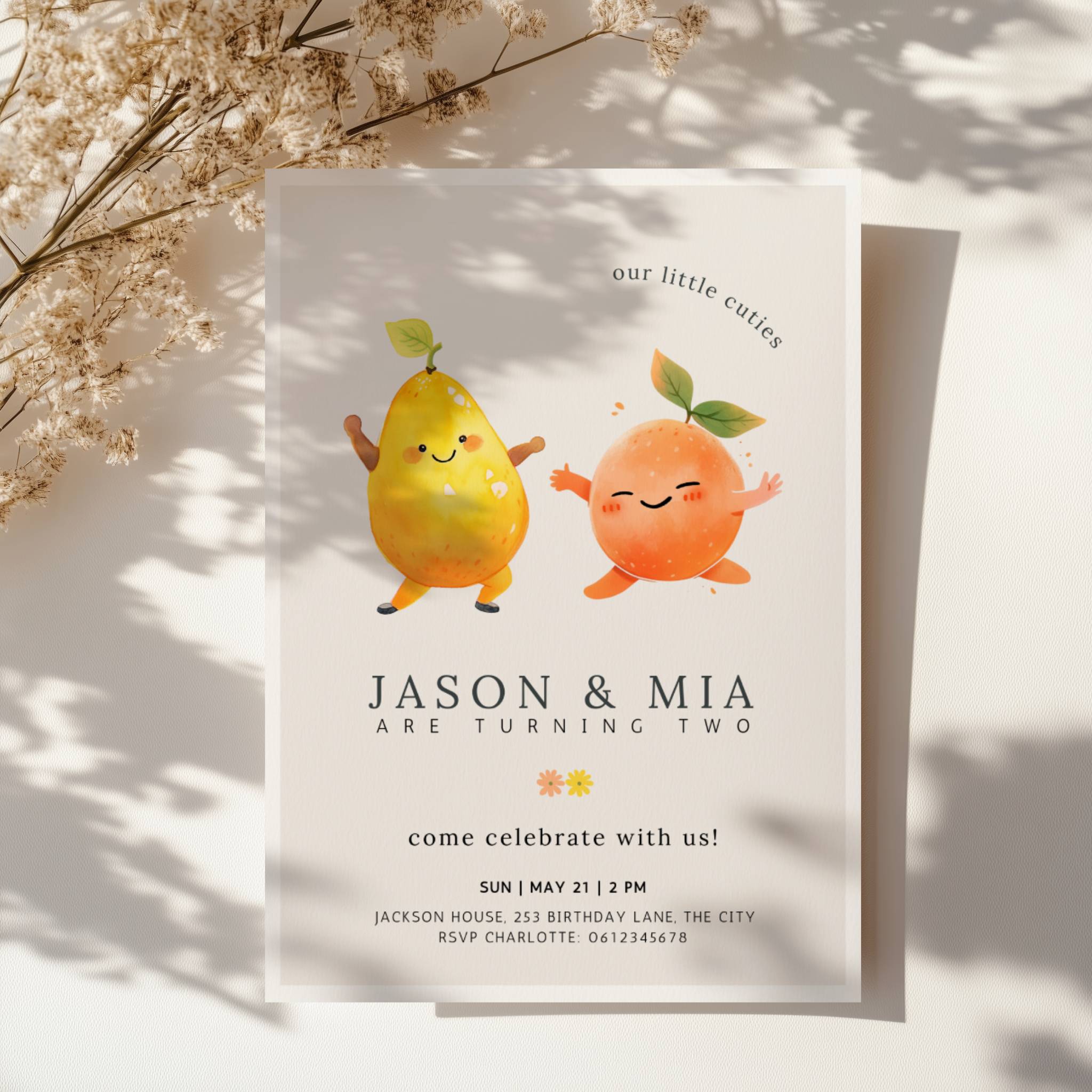 Our little cuties twin birthday invitation with cute pear and orange dancing fruit illustration