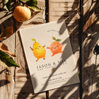 Our little cuties twin birthday invitation with cute pear and orange dancing fruit illustration