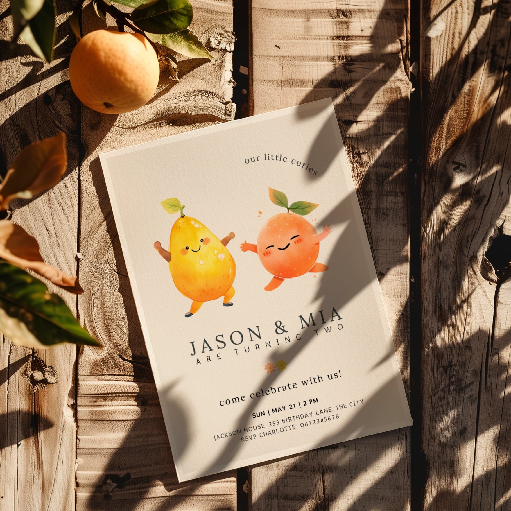 Our little cuties twin birthday invitation with cute pear and orange dancing fruit illustration