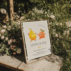 Our little cuties twin birthday invitation with cute pear and orange dancing fruit illustration