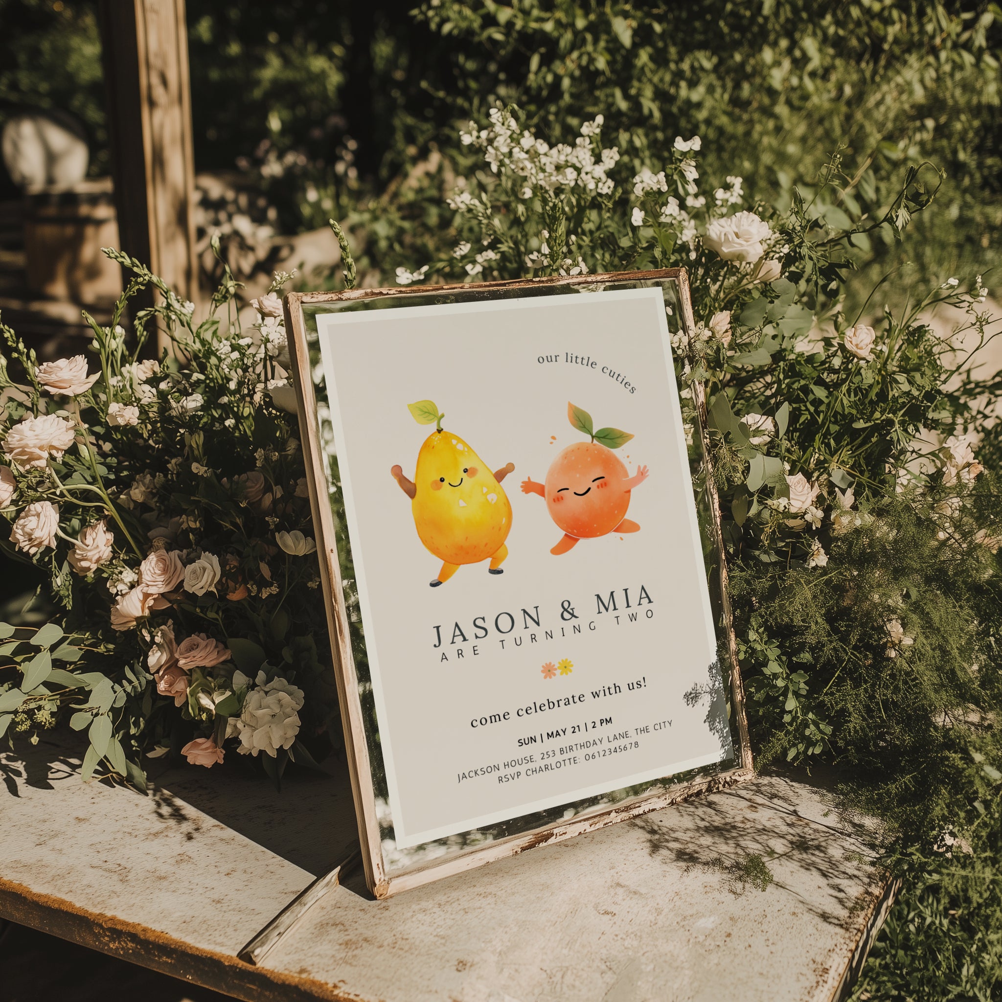 Our little cuties twin birthday invitation with cute pear and orange dancing fruit illustration
