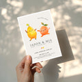 Our little cuties twin birthday invitation with cute pear and orange dancing fruit illustration