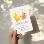 Our little cuties twin birthday invitation with cute pear and orange dancing fruit illustration