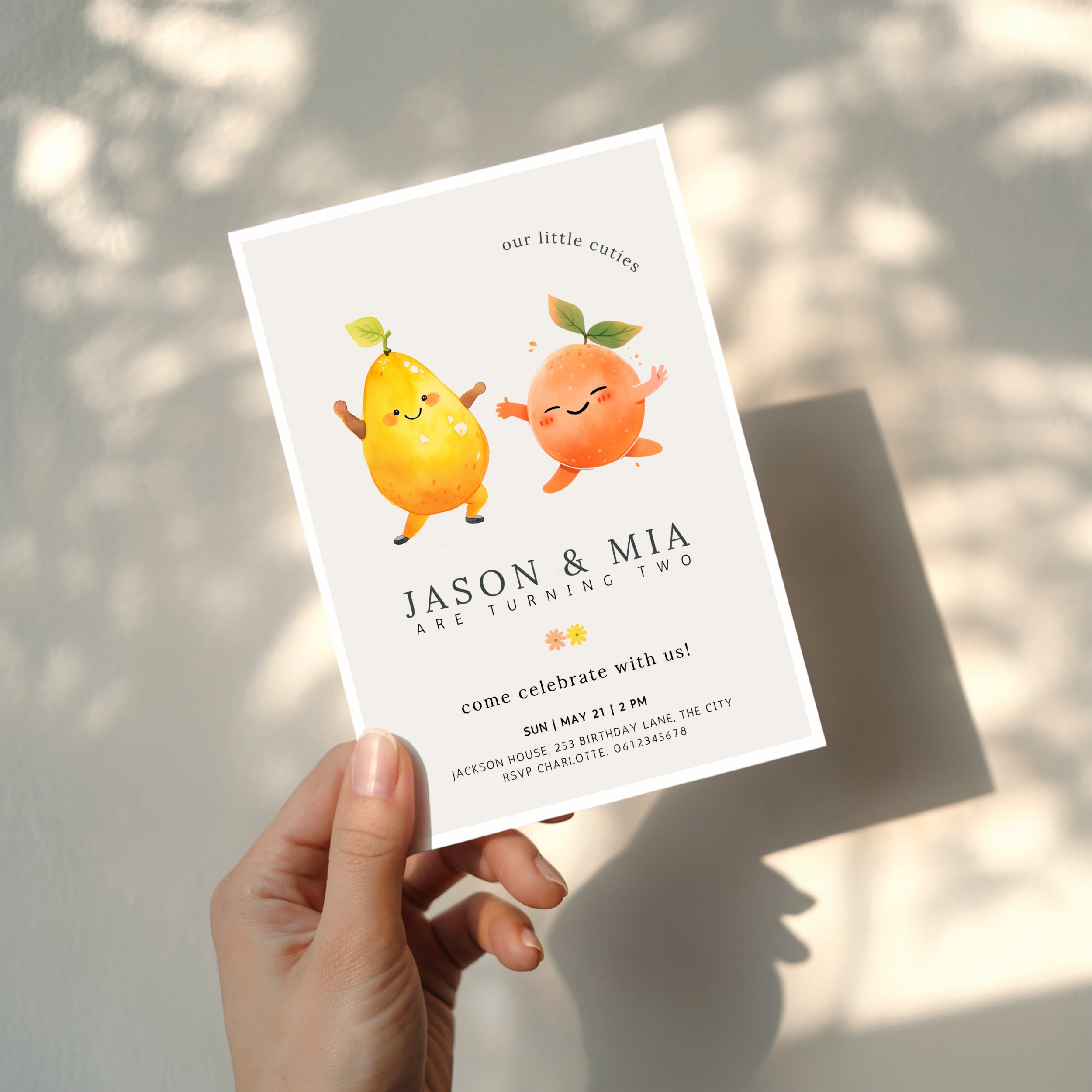 Our little cuties twin birthday invitation with cute pear and orange dancing fruit illustration