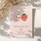 Berry first birthday twin invitation with strawberry and peach illustration and soft pink background
