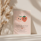 Berry first birthday twin invitation with strawberry and peach illustration and soft pink background