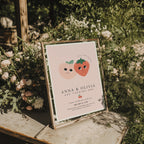 Berry first birthday twin invitation with strawberry and peach illustration and soft pink background