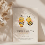 Twin birthday invitation with cute bee illustration and buzz around theme in soft yellow tones