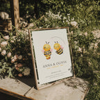 Twin birthday invitation with cute bee illustration and buzz around theme in soft yellow tones