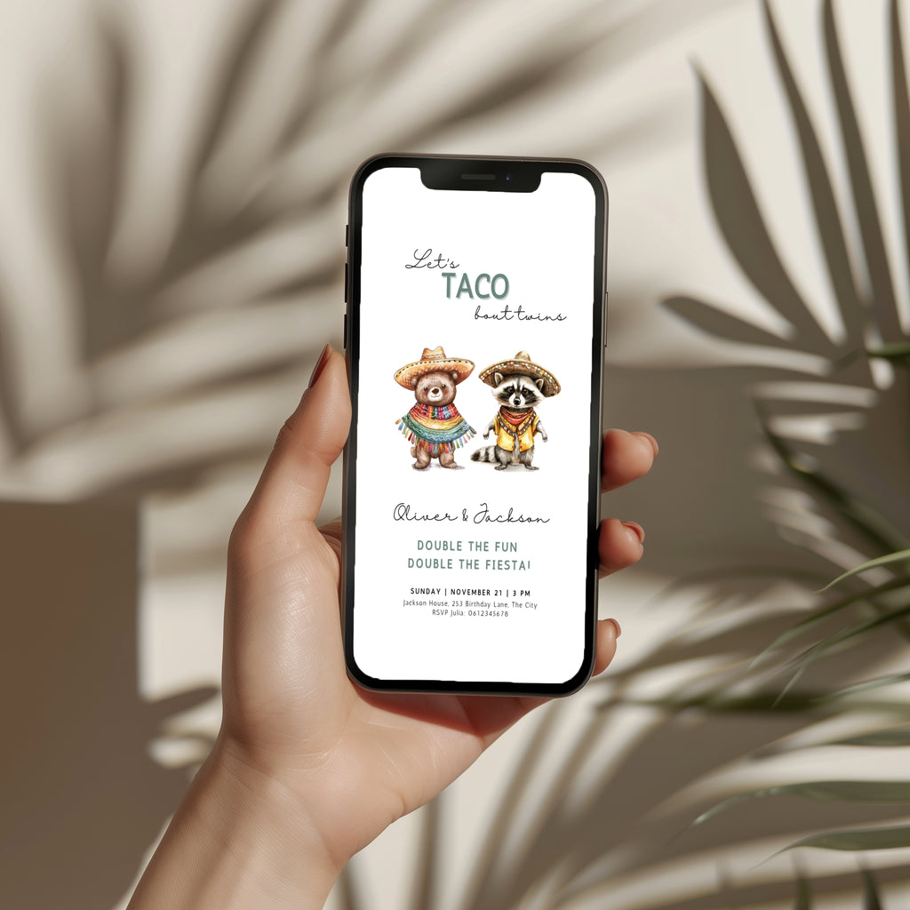Let’s taco bout twins birthday invitation with cute animals in sombreros and colorful fiesta theme
