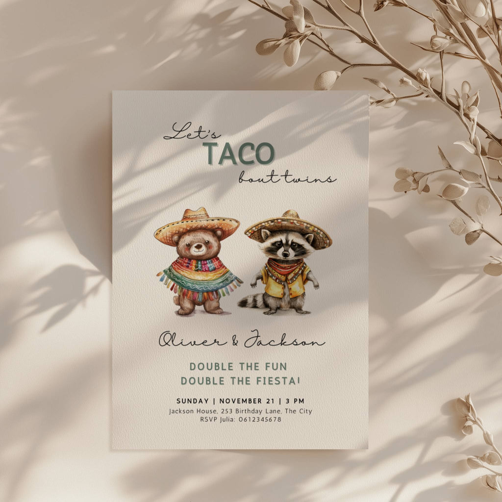 Let’s taco bout twins birthday invitation with cute animals in sombreros and colorful fiesta theme