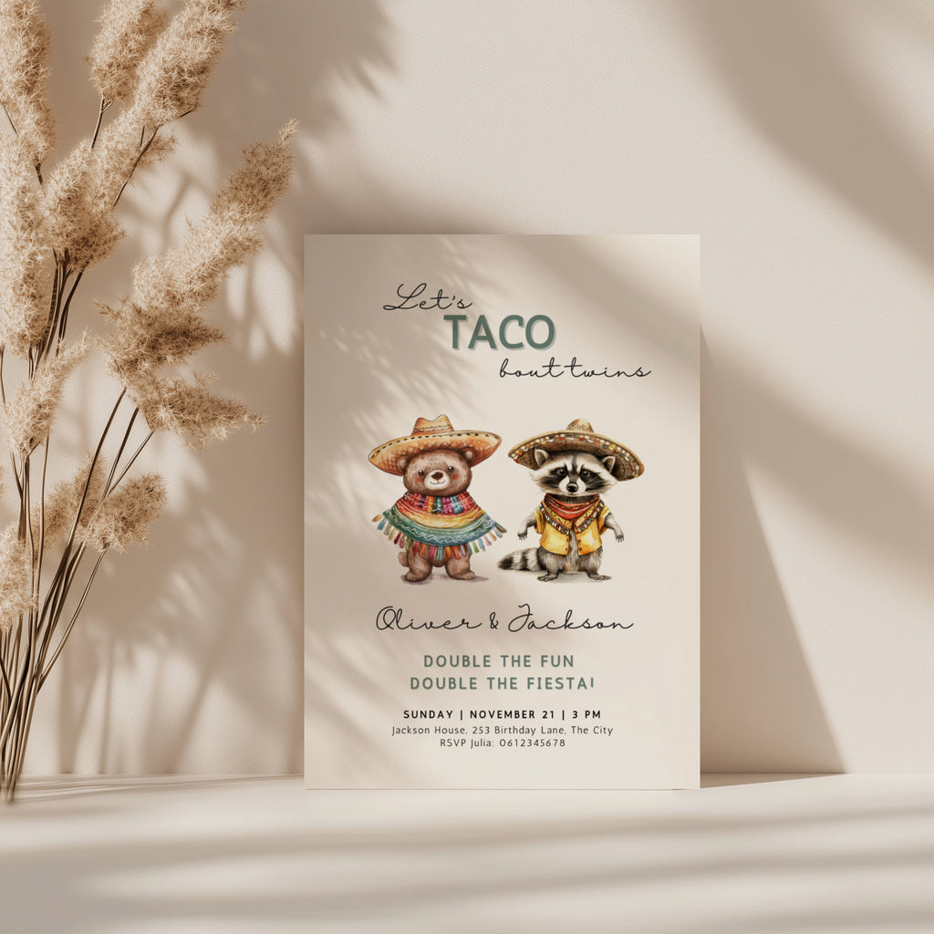 Let’s taco bout twins birthday invitation with cute animals in sombreros and colorful fiesta theme