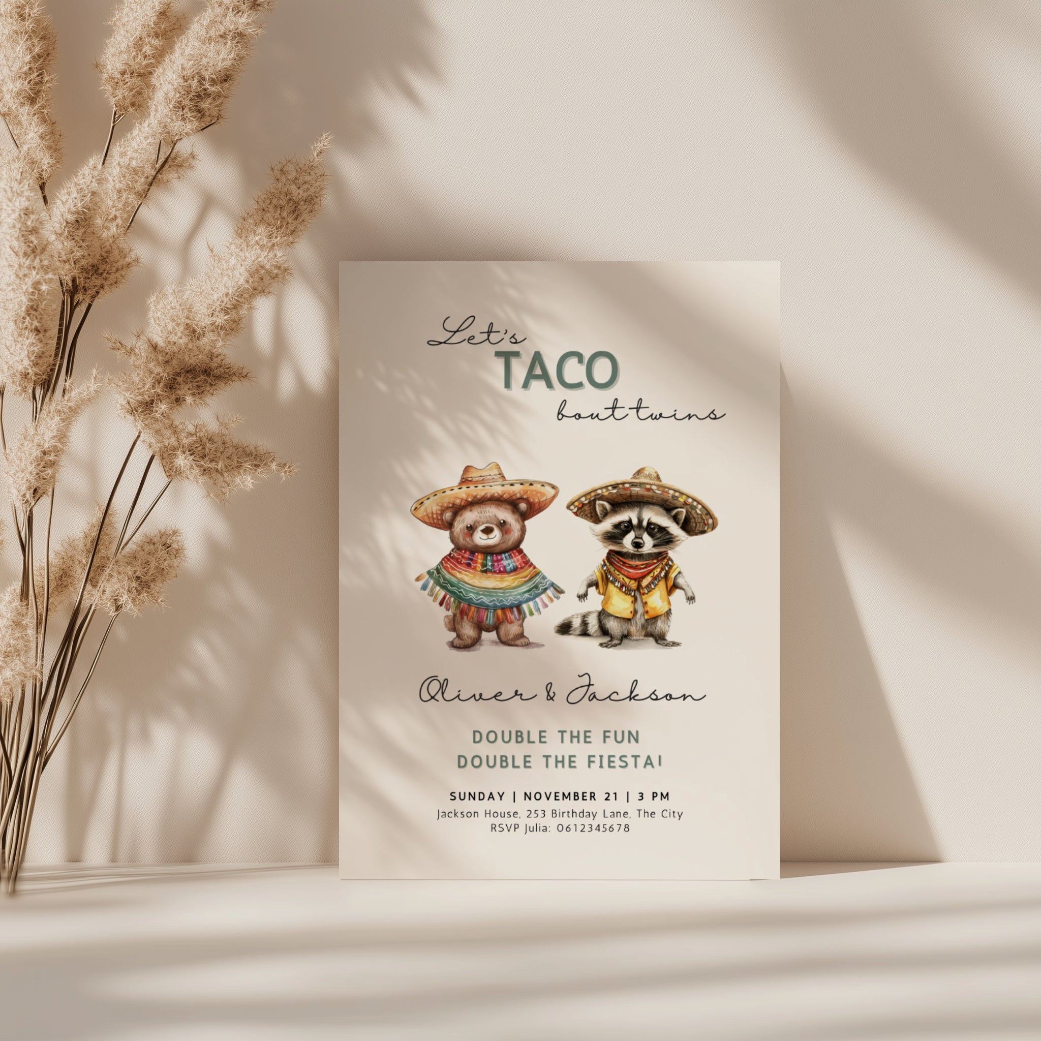Let’s taco bout twins birthday invitation with cute animals in sombreros and colorful fiesta theme
