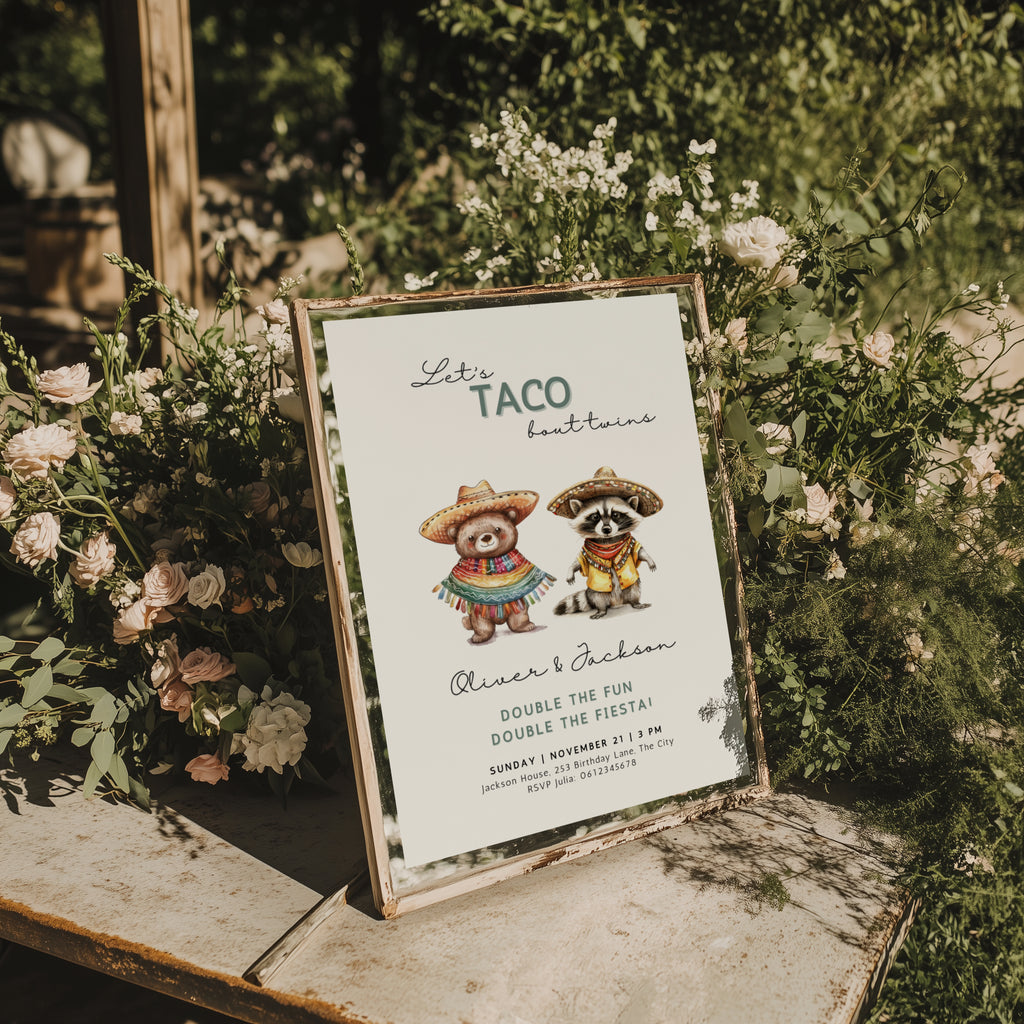 Let’s taco bout twins birthday invitation with cute animals in sombreros and colorful fiesta theme