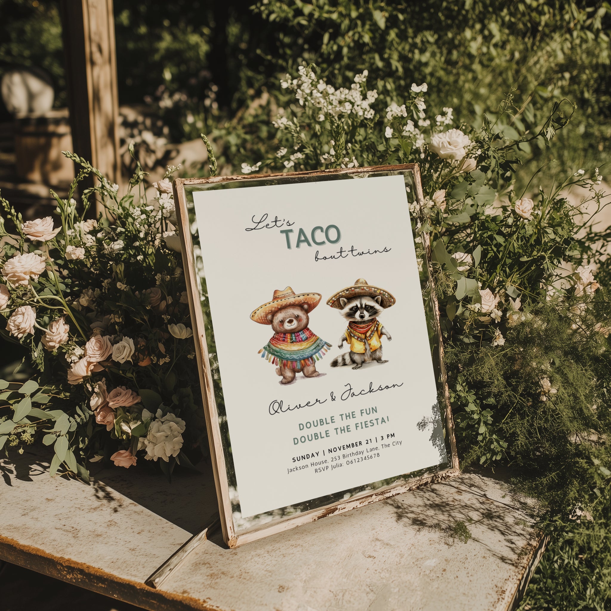 Let’s taco bout twins birthday invitation with cute animals in sombreros and colorful fiesta theme