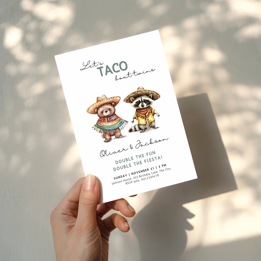Let’s taco bout twins birthday invitation with cute animals in sombreros and colorful fiesta theme