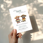 Let’s taco bout twins birthday invitation with cute animals in sombreros and colorful fiesta theme