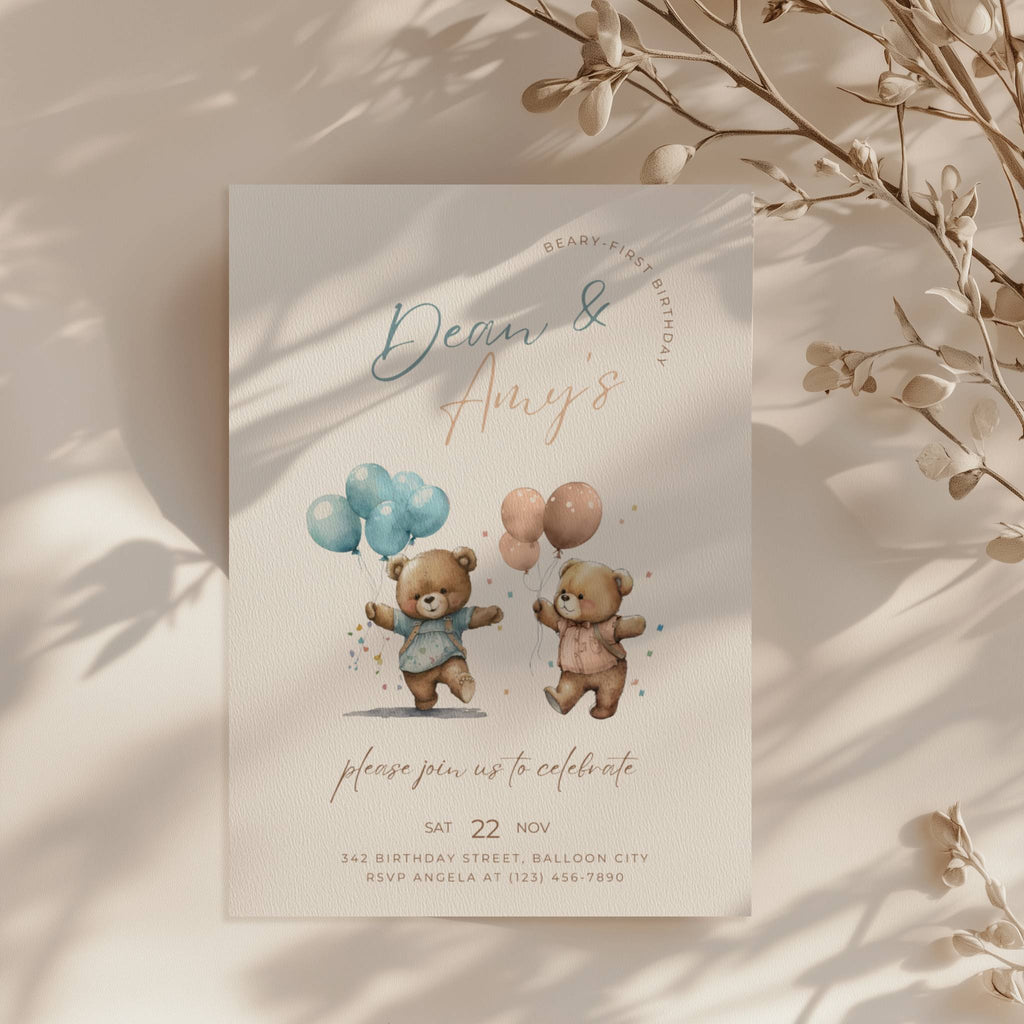 Boy girl twin Beary first birthday invitation with cute teddy bear illustration and soft neutral tones
