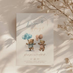 Boy girl twin Beary first birthday invitation with cute teddy bear illustration and soft neutral tones
