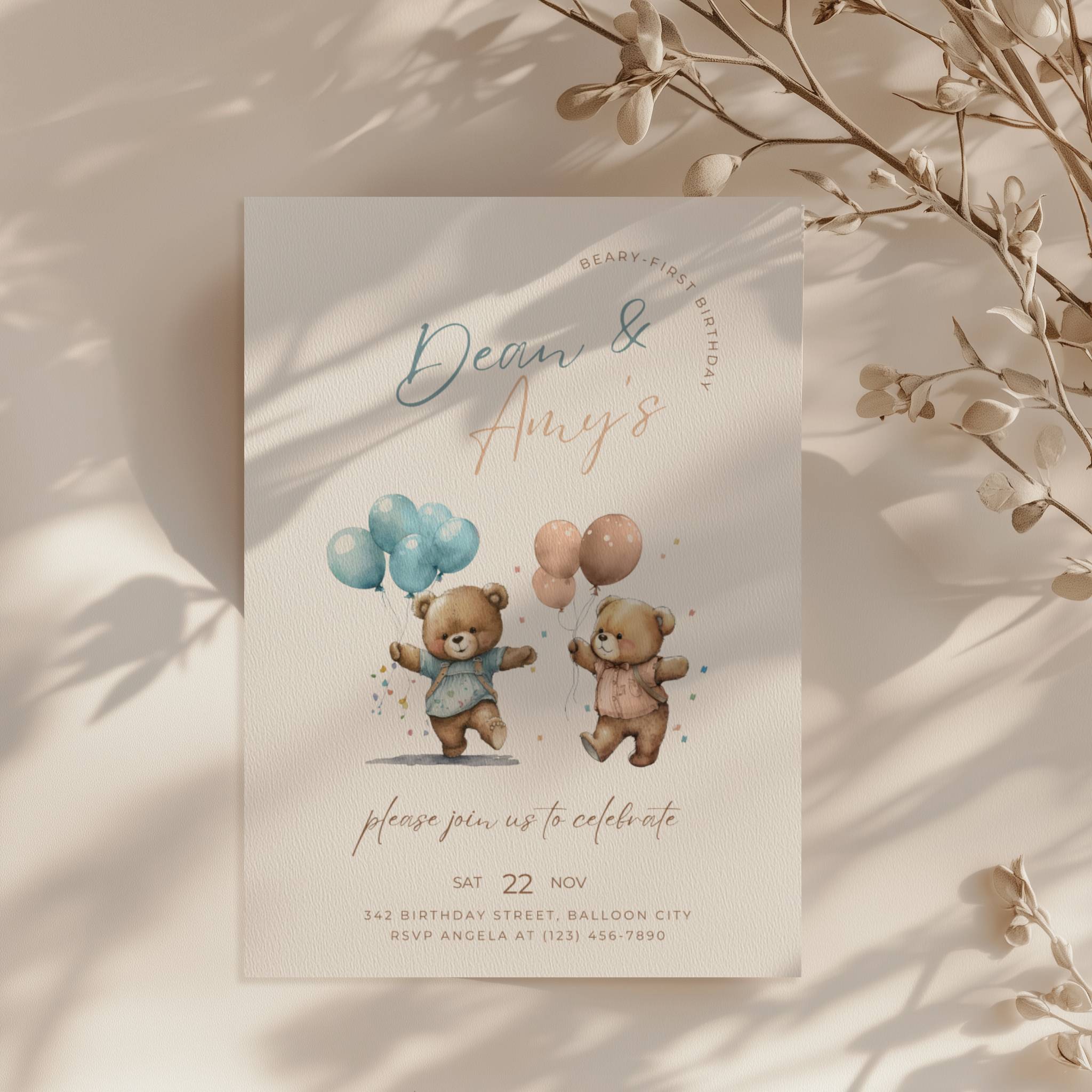 Boy girl twin Beary first birthday invitation with cute teddy bear illustration and soft neutral tones