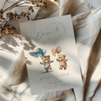 Boy girl twin Beary first birthday invitation with cute teddy bear illustration and soft neutral tones