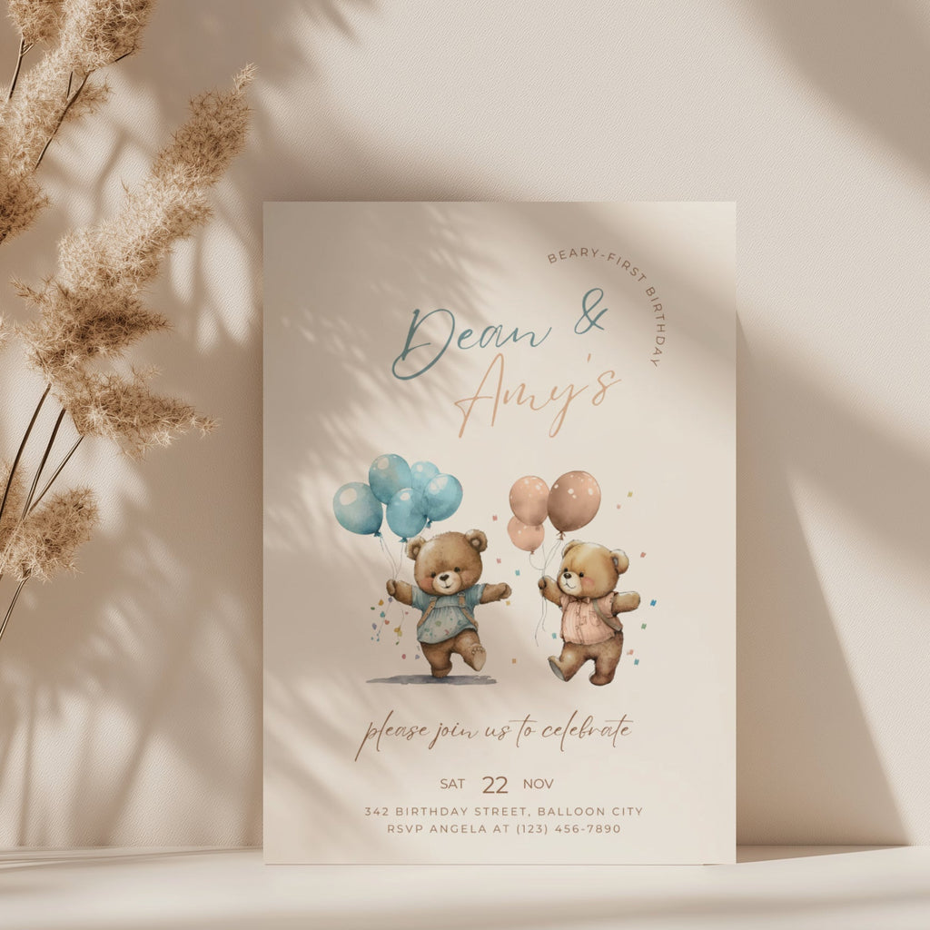 Boy girl twin Beary first birthday invitation with cute teddy bear illustration and soft neutral tones