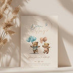 Boy girl twin Beary first birthday invitation with cute teddy bear illustration and soft neutral tones