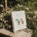 Boy girl twin Beary first birthday invitation with cute teddy bear illustration and soft neutral tones
