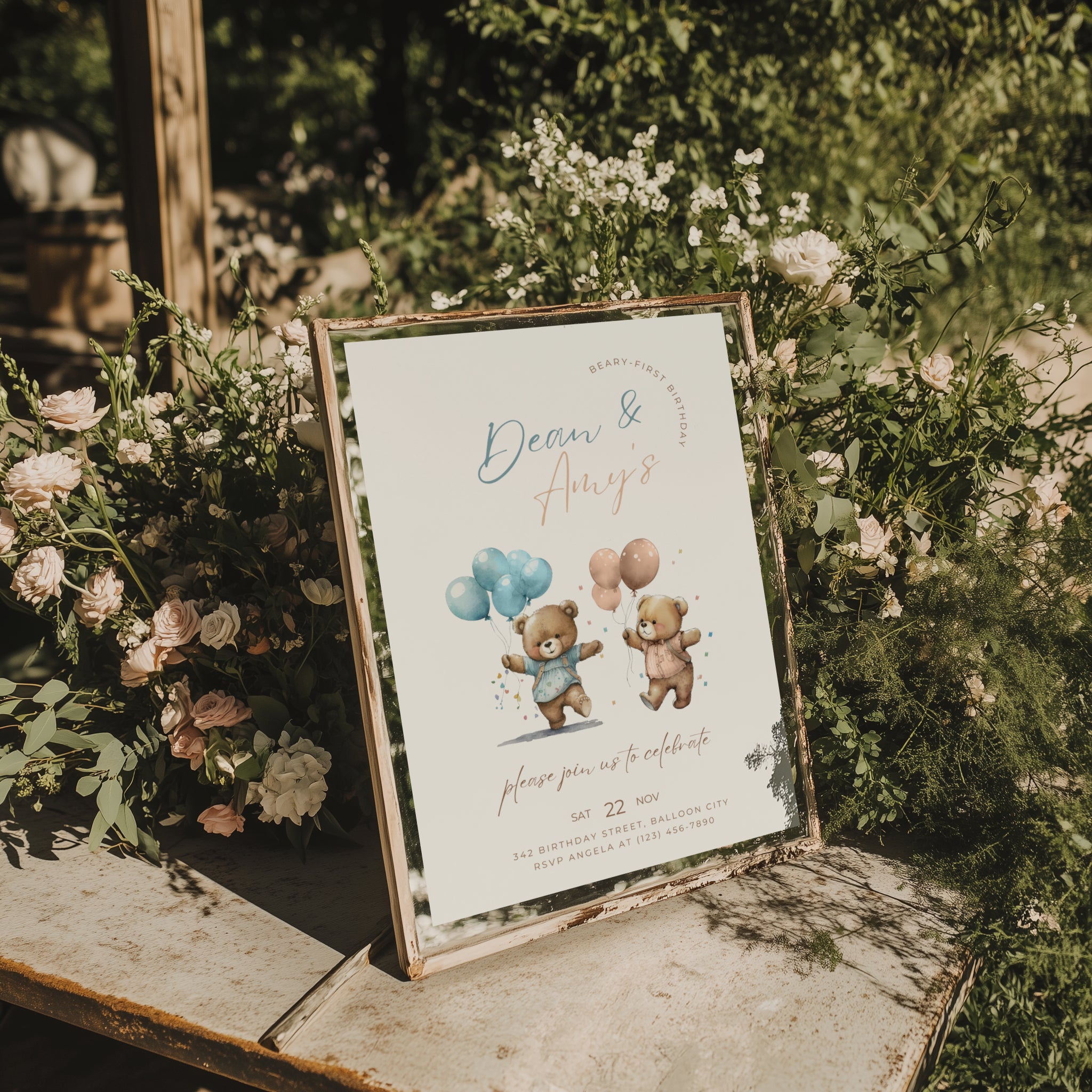 Boy girl twin Beary first birthday invitation with cute teddy bear illustration and soft neutral tones