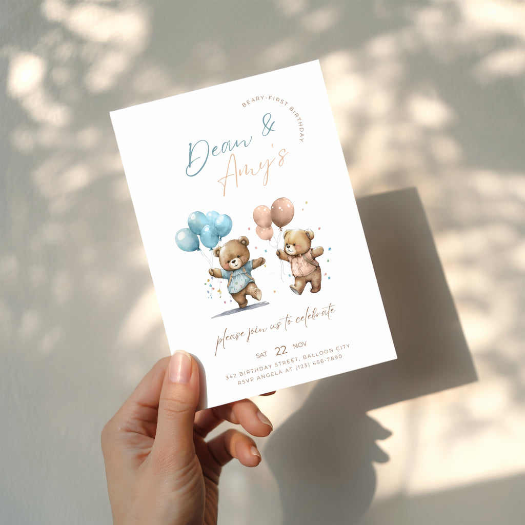 Boy girl twin Beary first birthday invitation with cute teddy bear illustration and soft neutral tones