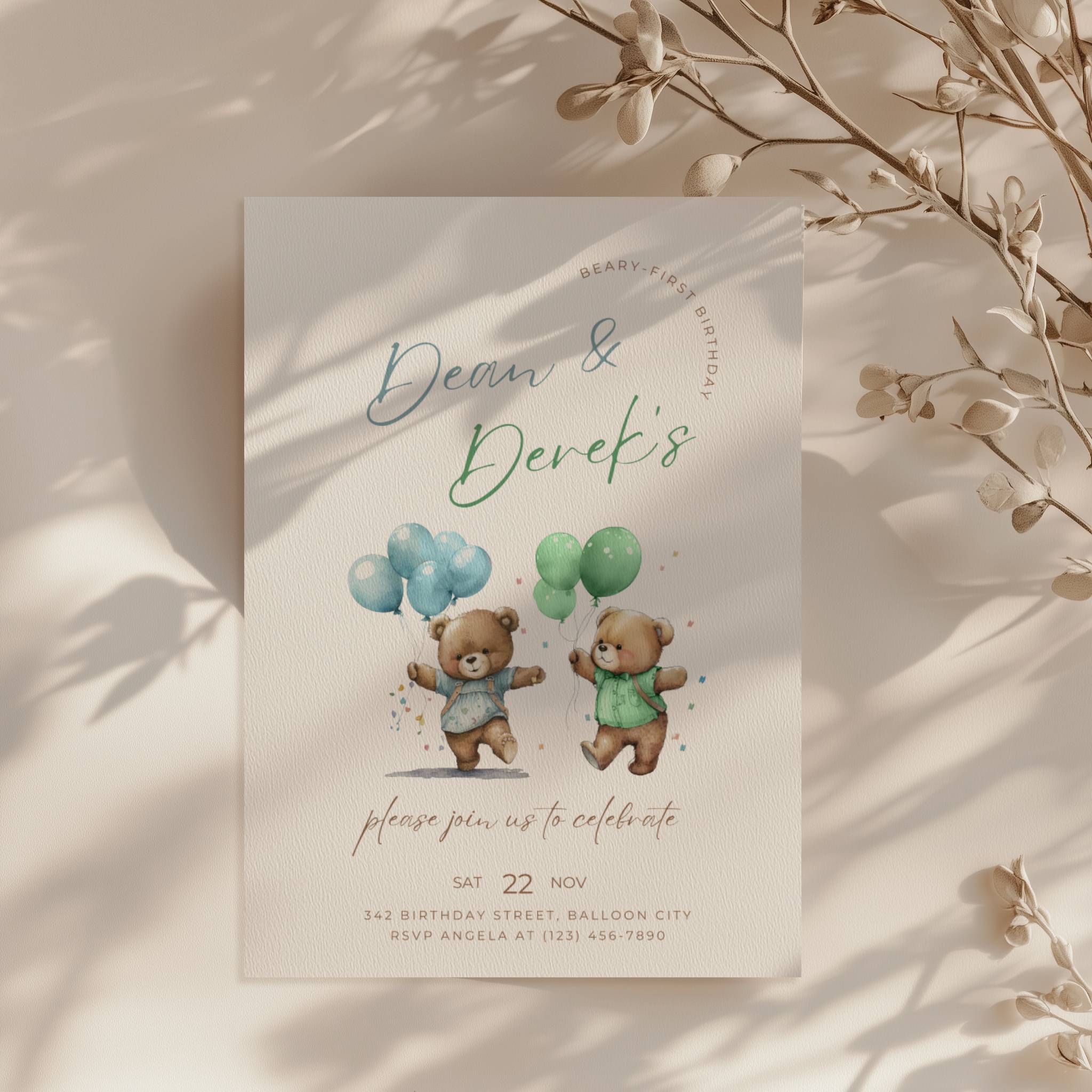 Beary first birthday boy twins invitation with teddy bear illustration and blue and green balloons